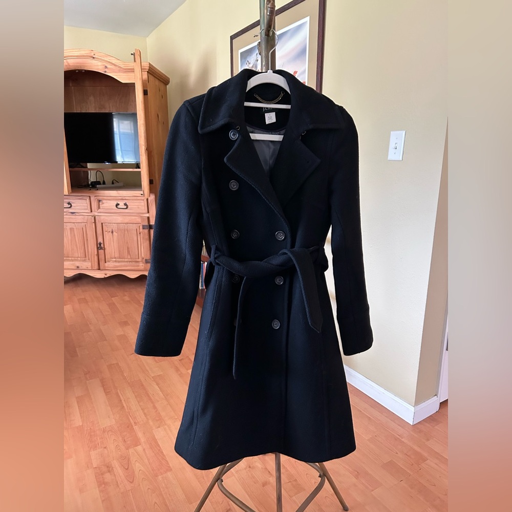 J. Crew Black Double-Breasted Women's Wool Trench Coat Peacoat Belted